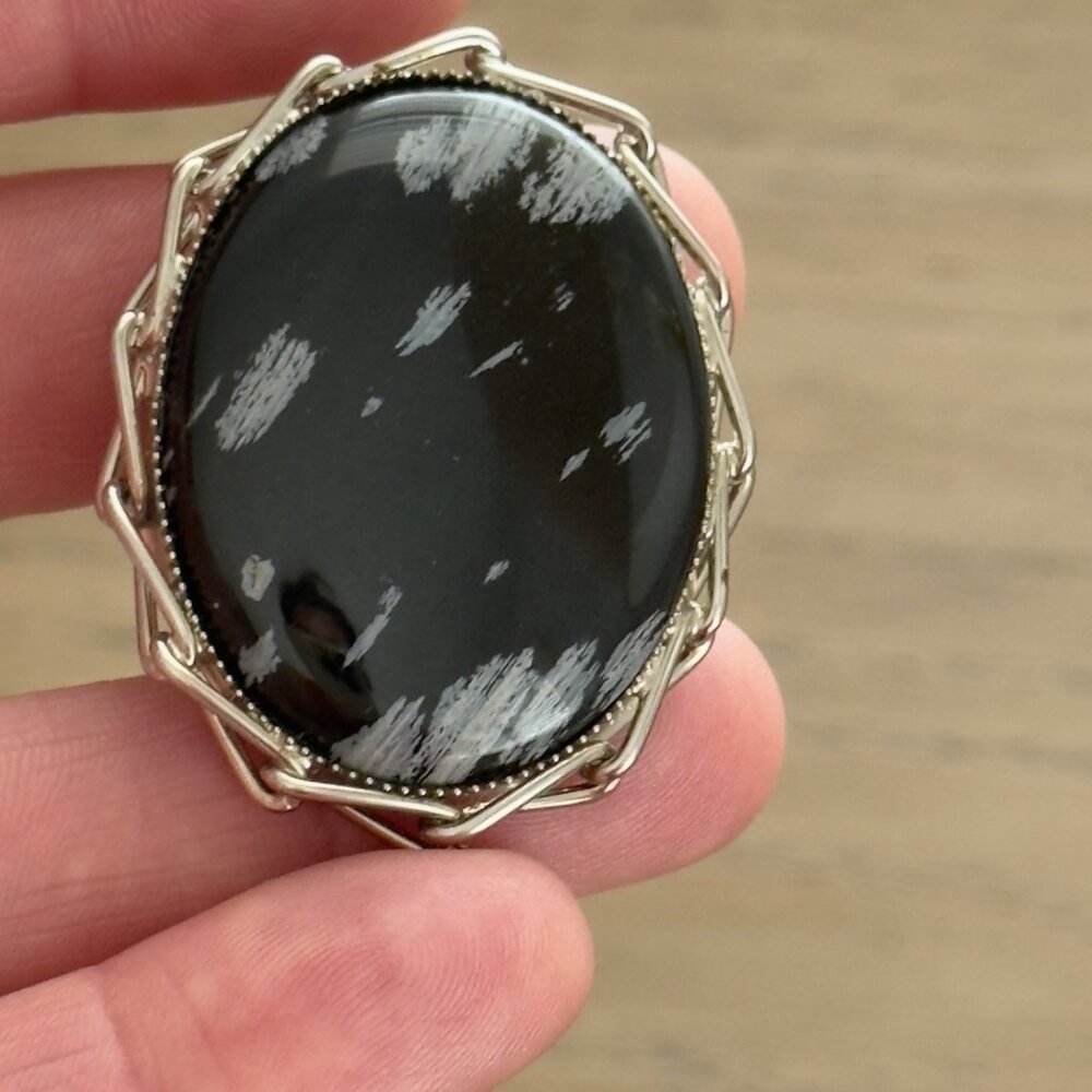 Vintage Brooch Pin Pendant Oval Snowflake Obsidian Stone Silver Tone